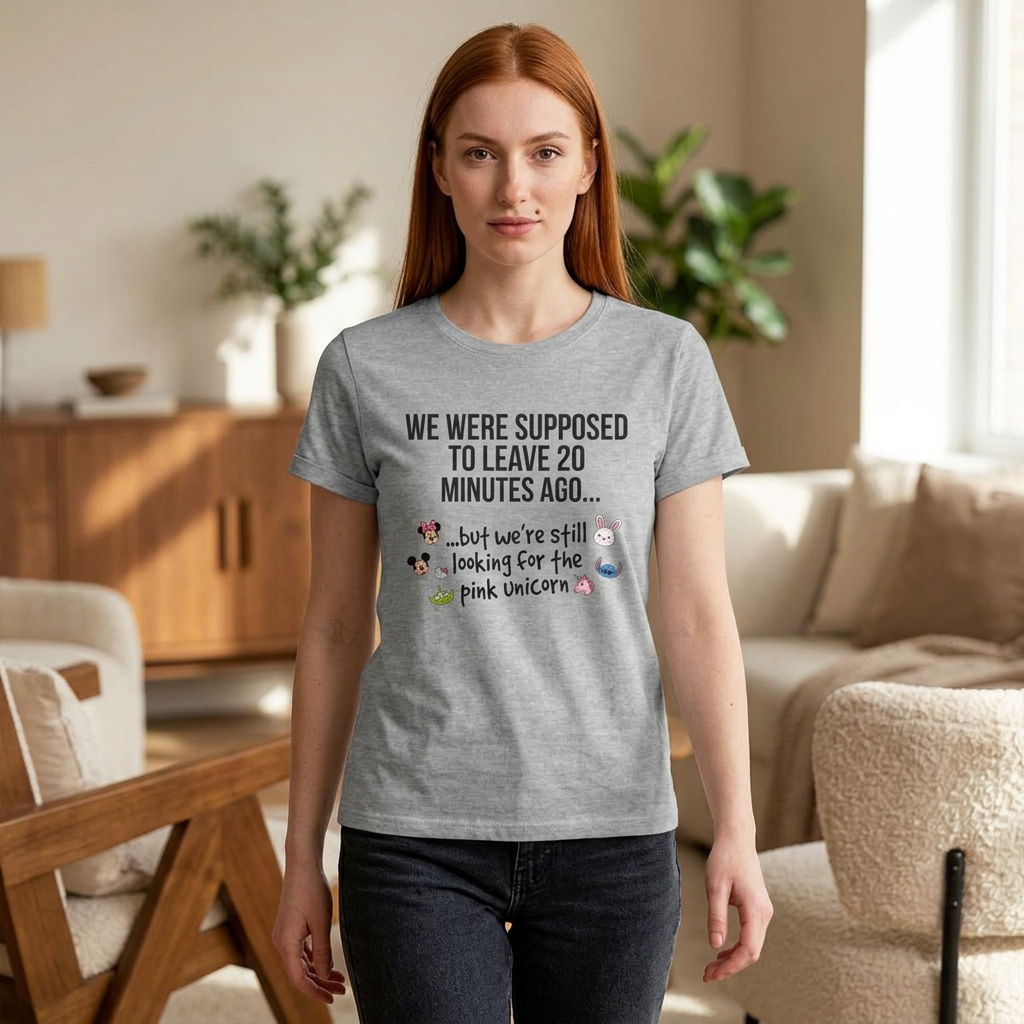 Women's Softstyle Funny Tee - "WE WERE SUPPOSED TO LEAVE 20 MINUTES AGO... but we're still looking for the pink unicorn" - Parent Lifestyles - Chico and Friends